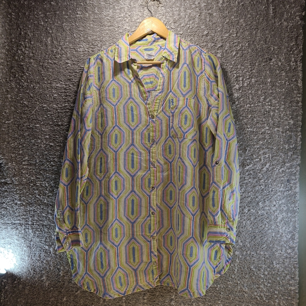 SIgrid Olsen Women Large Linen Tunic Top Roll Tab Sleeve Button Up Lagenlook